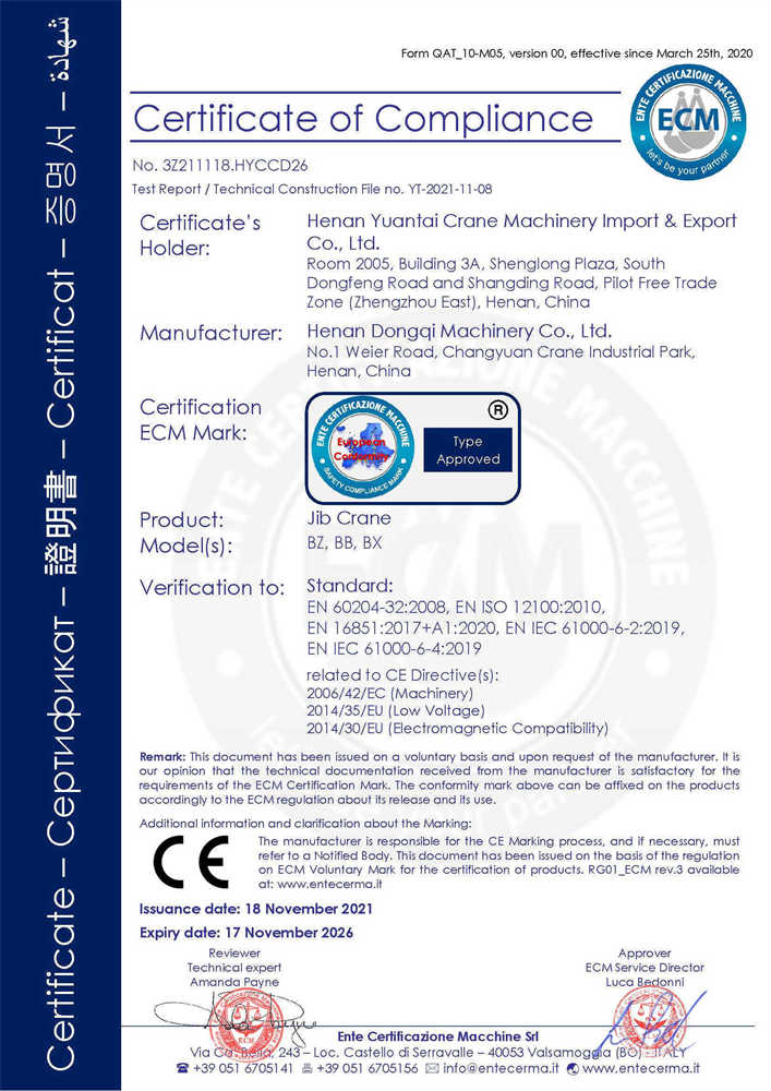 CE Certificate - Jib Cranes