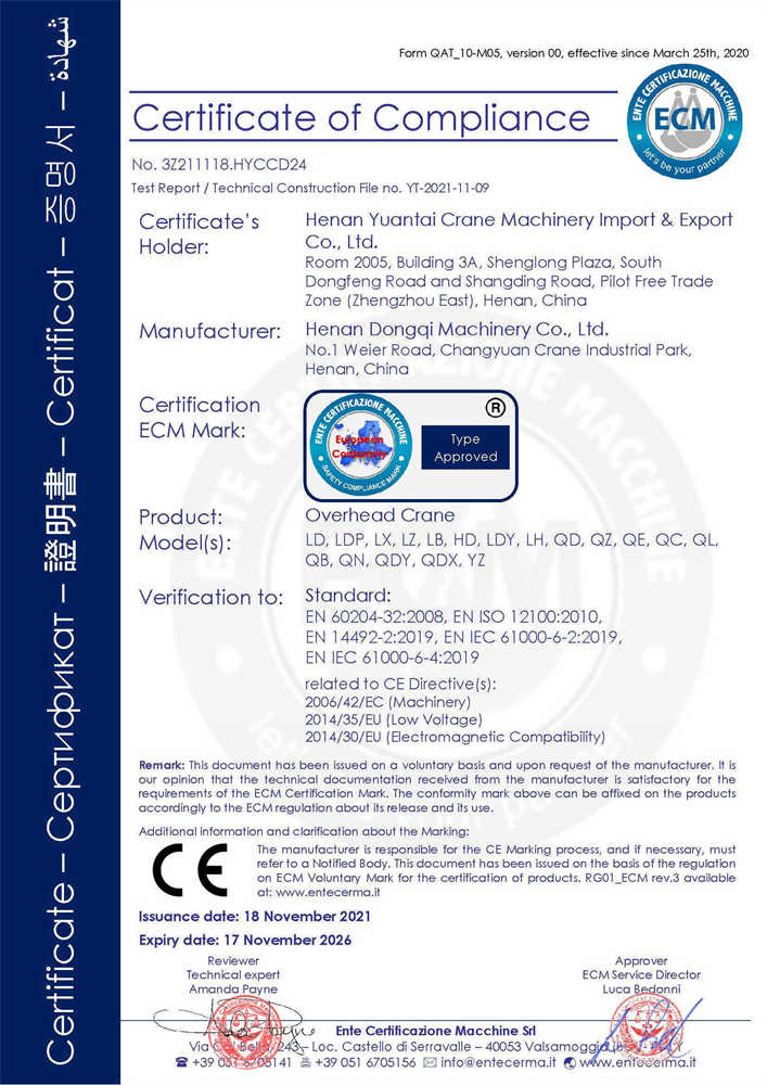 CE Certificate - Overhead Cranes
